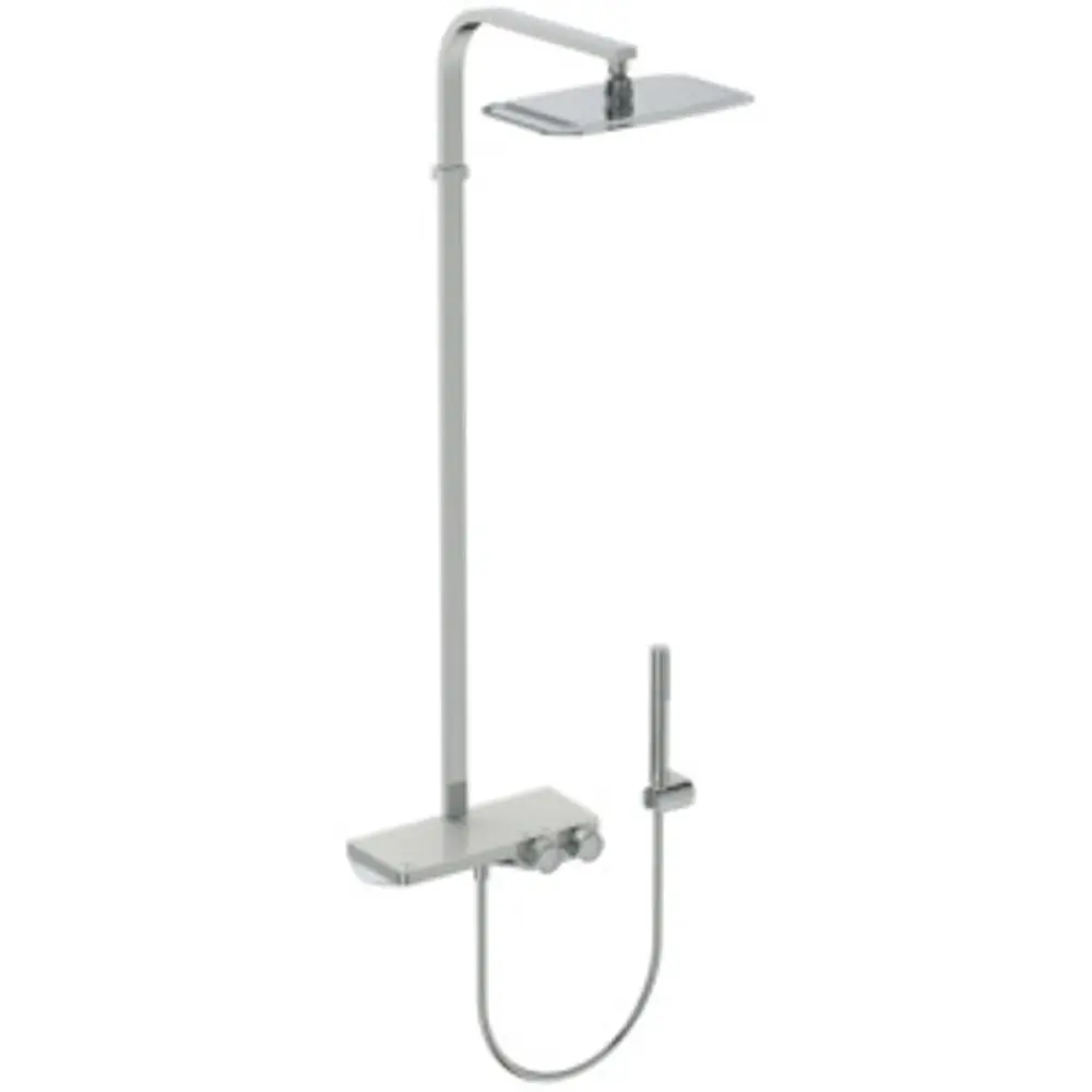 Duschsystem von Ideal Standard mit einer großen Kopfbrause, einer Handbrause und einer Ablagefläche. Die Steuerung erfolgt über zwei am Körper angebrachte Drehregler.